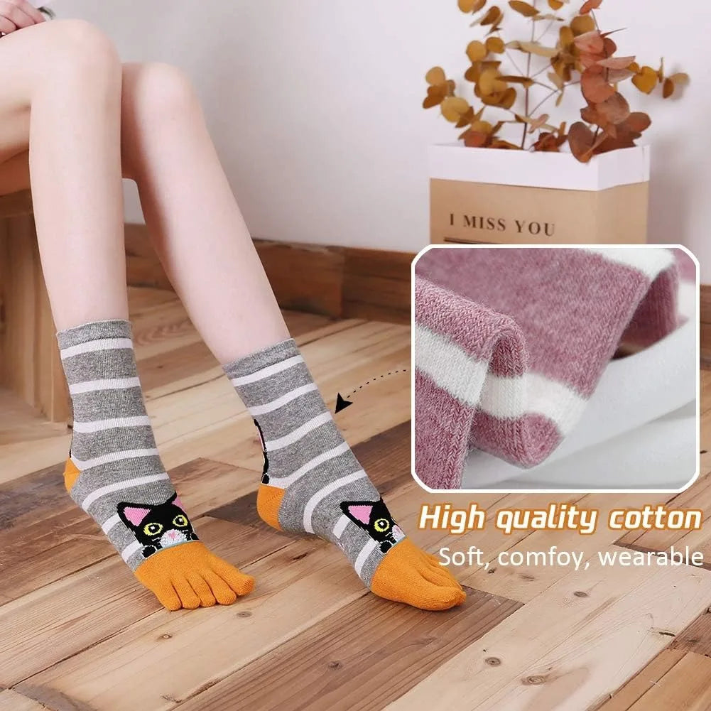 Süße Söckchen mit Katzen- und Hundemotiv für Damen, Baumwolle, für sportliches Laufen, Fünf-Finger-Design, auffälliges modisches Schuhwerk
