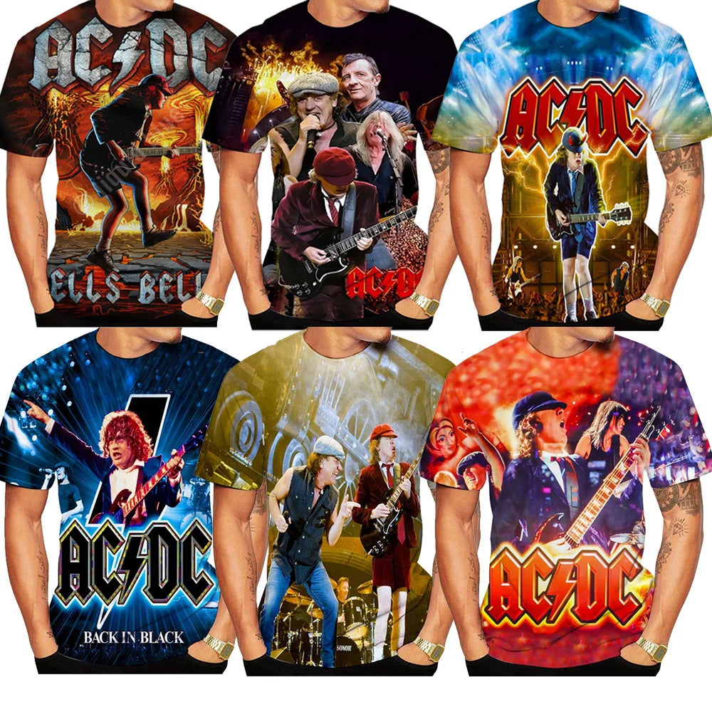 2024 Summer Fashion Men's T-Shirt AC/DC Metal Rock Band 3D Print O-Neck Top for Boys Casual Children's Wear