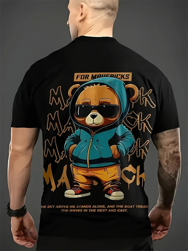 Hip-Hop Style Cartoon Bear Print T-Shirt Men’s Oversized Street Fashion Tee