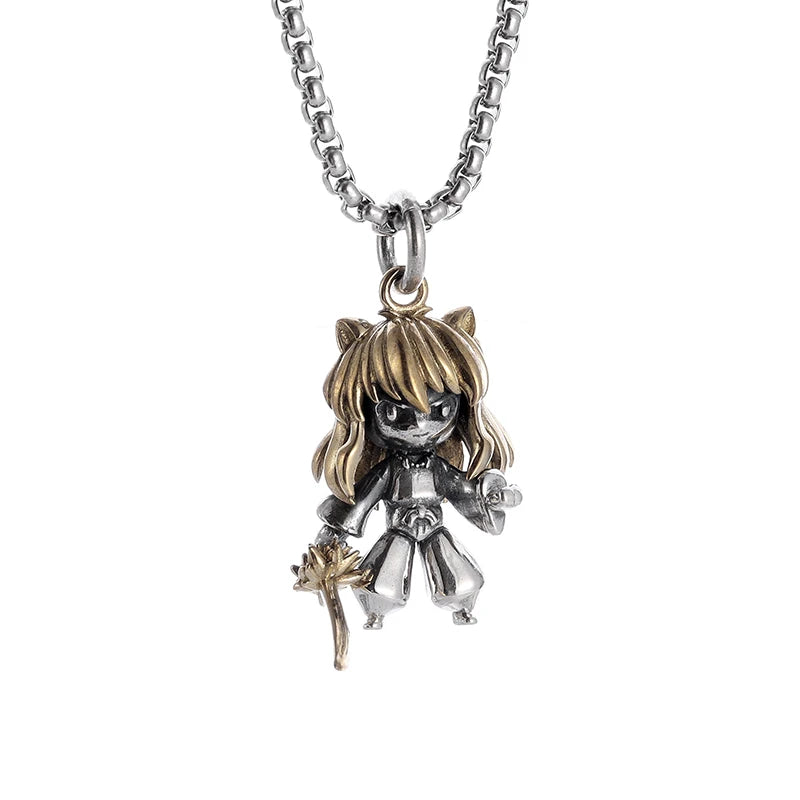 Versilberte Halskette mit Anime-Mecha-Girl-Anhänger – trendiger Hip-Hop-Rock-Punk-Schmuck für Männer und Frauen | Geschenkidee