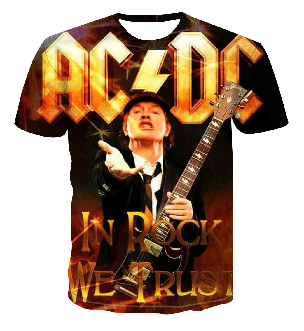 2024 Summer Fashion Men's T-Shirt AC/DC Metal Rock Band 3D Print O-Neck Top for Boys Casual Children's Wear