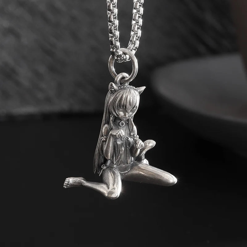 Collier avec pendentif en forme de fille Mecha en plaqué argent - Bijoux tendance hip-hop rock punk pour hommes et femmes | Idée cadeau