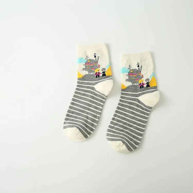 Anime Big Cat & Calcifer Socken – Halbtransparentes Cartoon-Design