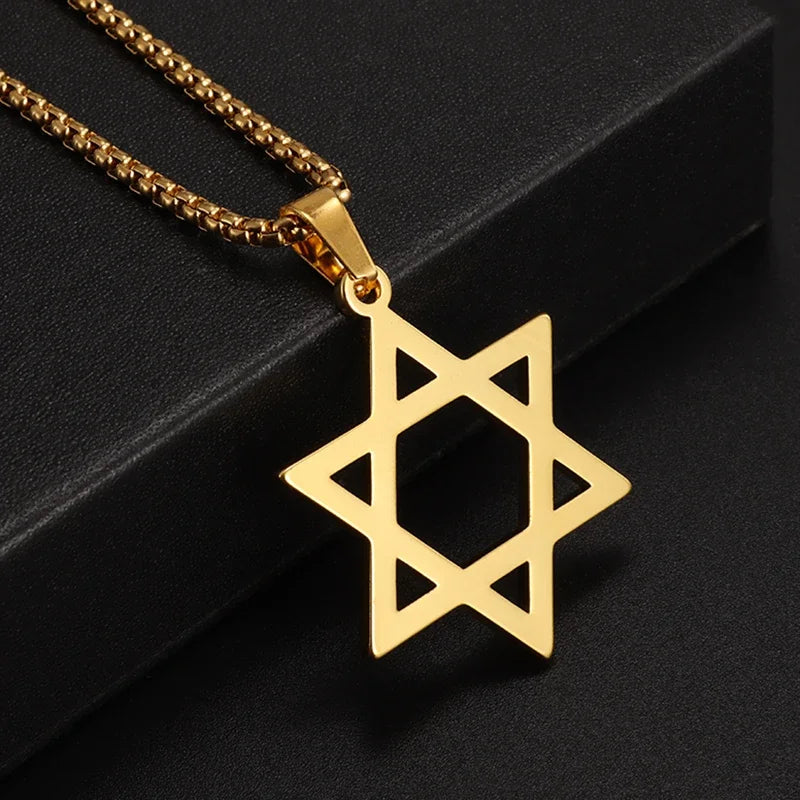 Retro Punk Solomon Seal Necklace – Hexagonal Stainless Steel Star of David Pendant for Men & Women