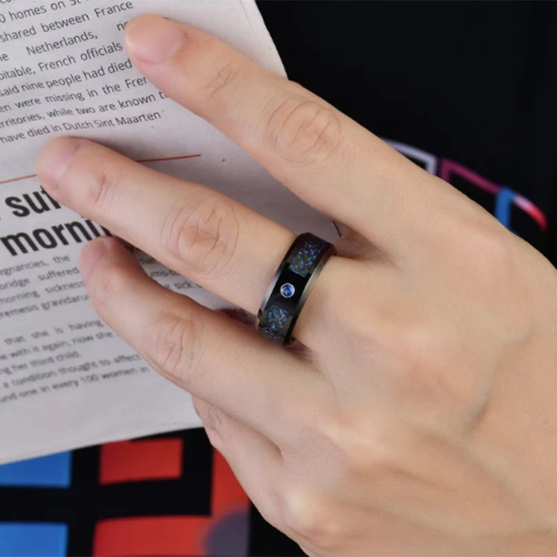 8-mm-Ring aus Wolframkarbid – Blaue Kohlefaser mit Zirkonia und Drachenmuster für Hochzeit, Verlobung und den Alltag