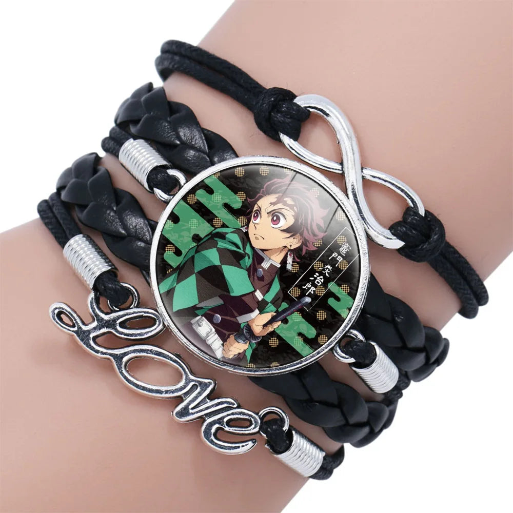 Geflochtenes Armband aus Dämonentöter – Kimetsu No Yaiba Tanjirou Cosplay, Glas-Leder-Armreif, Schmuckgeschenk