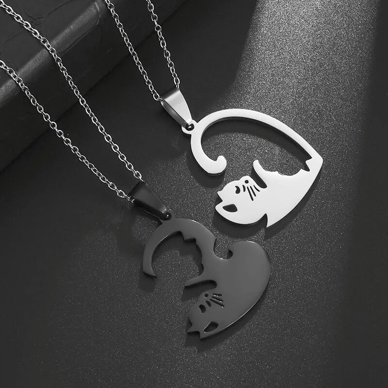 Hot Hug Love Pet Cat Couple Necklace – Stainless Steel BFF Pendant for Men & Women, Friendship Jewelry Gift