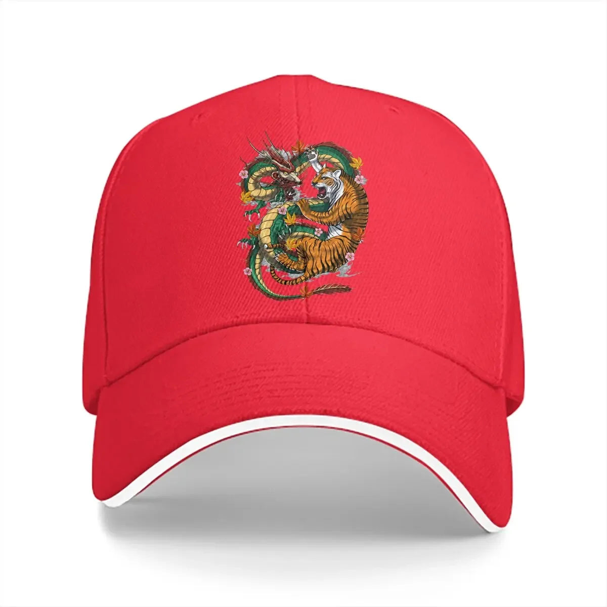 Pure Color Dad Hat – Japanische Drachen- und Tiger-Kampf-Baseballmütze mit YinYang-Design