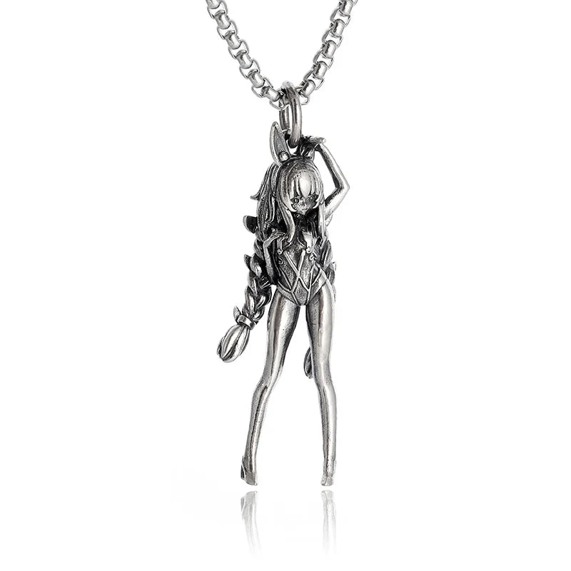 Versilberte Halskette mit Anime-Mecha-Girl-Anhänger – trendiger Hip-Hop-Rock-Punk-Schmuck für Männer und Frauen | Geschenkidee