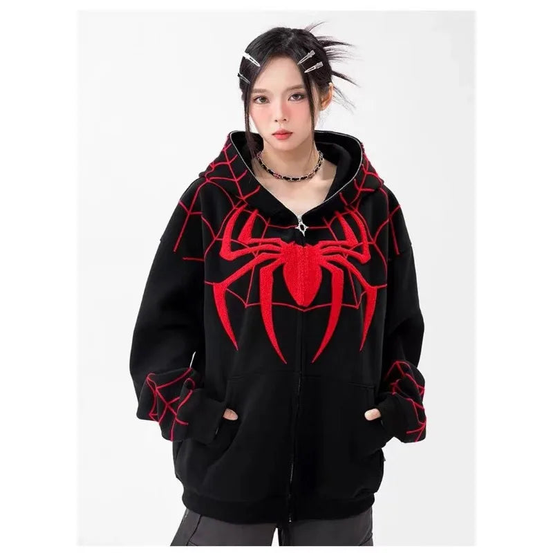 Gothic Y2K Spider Bestickter Reißverschluss-Kapuzenpullover – Übergroßes Harajuku Hip Hop Sweatshirt für Männer & Frauen