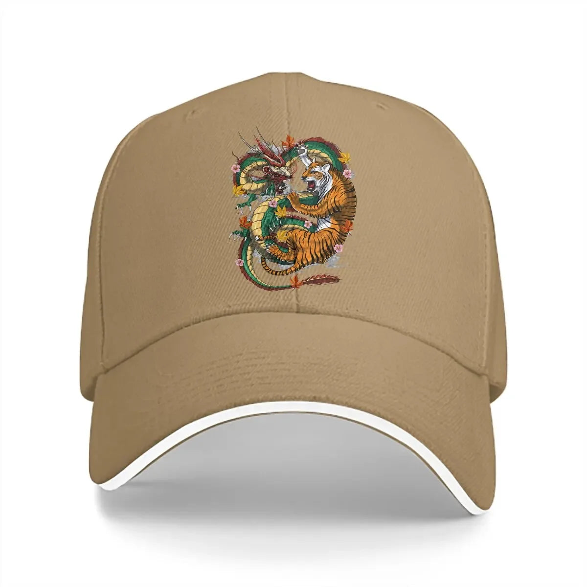 Pure Color Dad Hat – Japanische Drachen- und Tiger-Kampf-Baseballmütze mit YinYang-Design