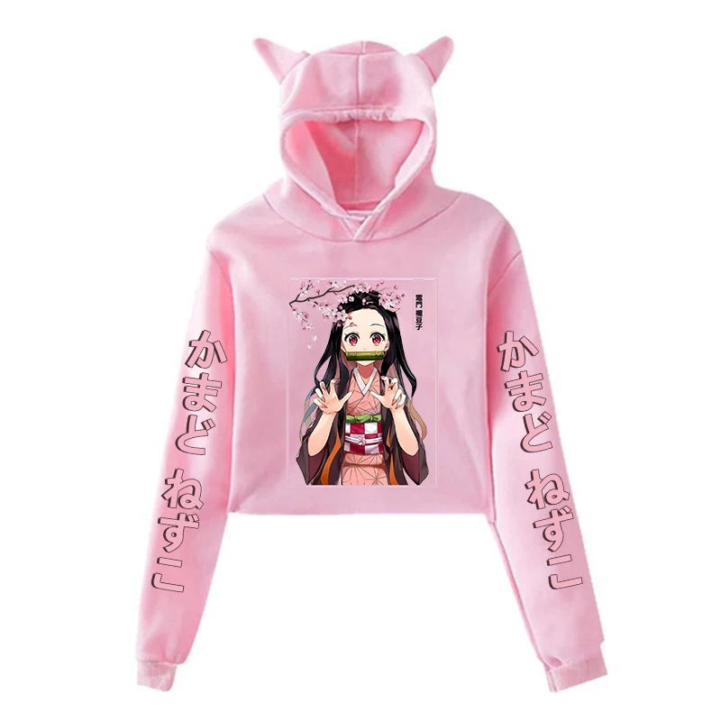 Kamado Nezuko Cat Ear Hoodie – Fashionable Long Sleeve Anime Streetwear Pullover for Women