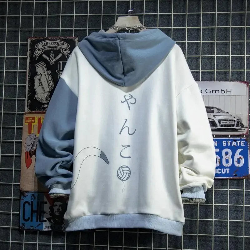 Kapuzenpullover mit Katzen-Print im japanischen Stil – Patchwork-Anime-Sweatshirt für Männer, Harajuku-Mode