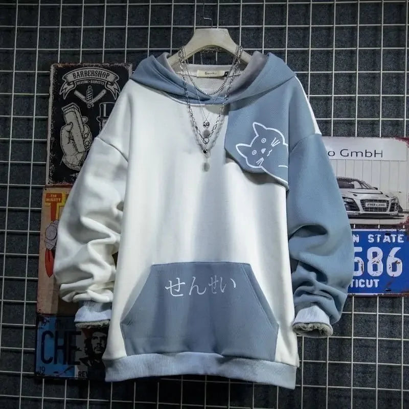 Kapuzenpullover mit Katzen-Print im japanischen Stil – Patchwork-Anime-Sweatshirt für Männer, Harajuku-Mode