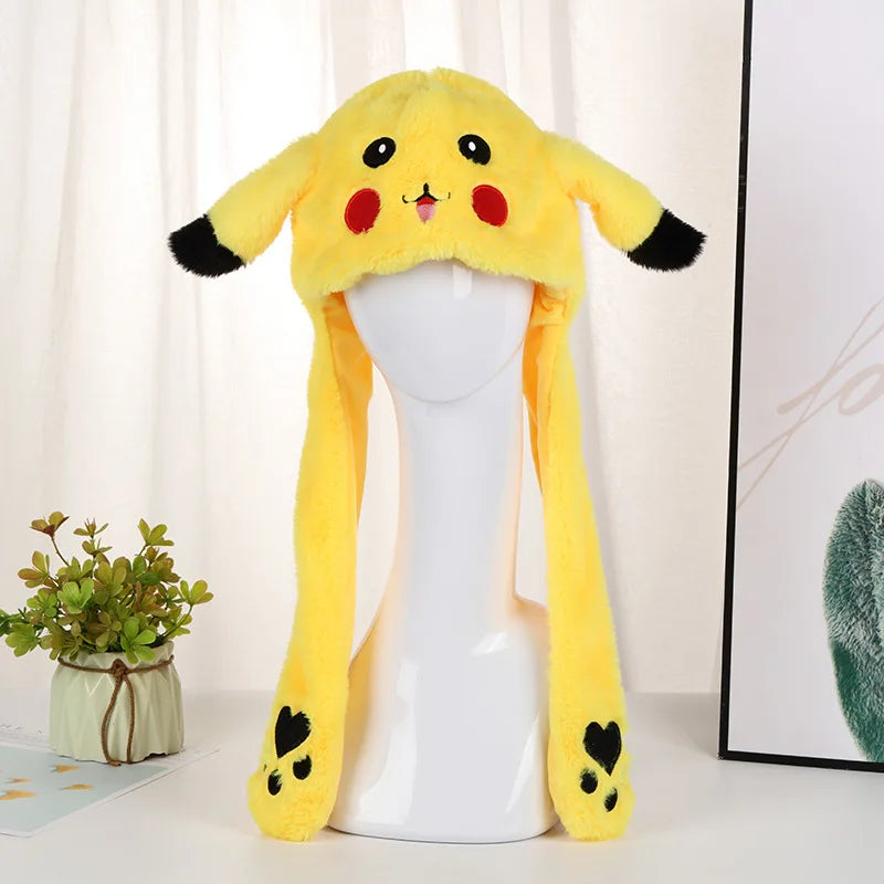 Neue Pokémon Kawaii Pikachu Beanie-Mütze – Bewegliche Hasenohren und glänzende Ohrenklappen, lässige Tiermütze, Geburtstagsgeschenk