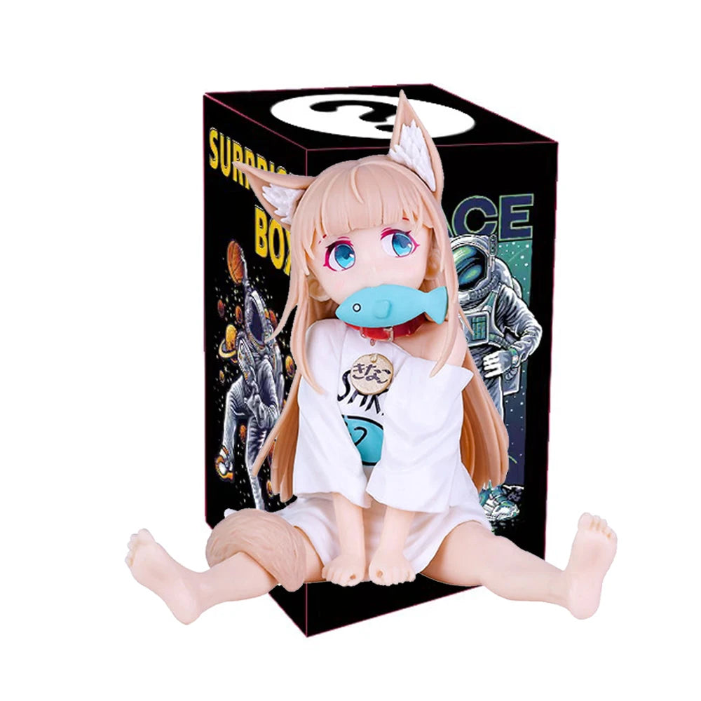 Figurine d'anime Cat Is A Kawaii Girl 8cm PVC Hobby Farine de soja S'asseoir et manger du poisson Petites décorations de voiture