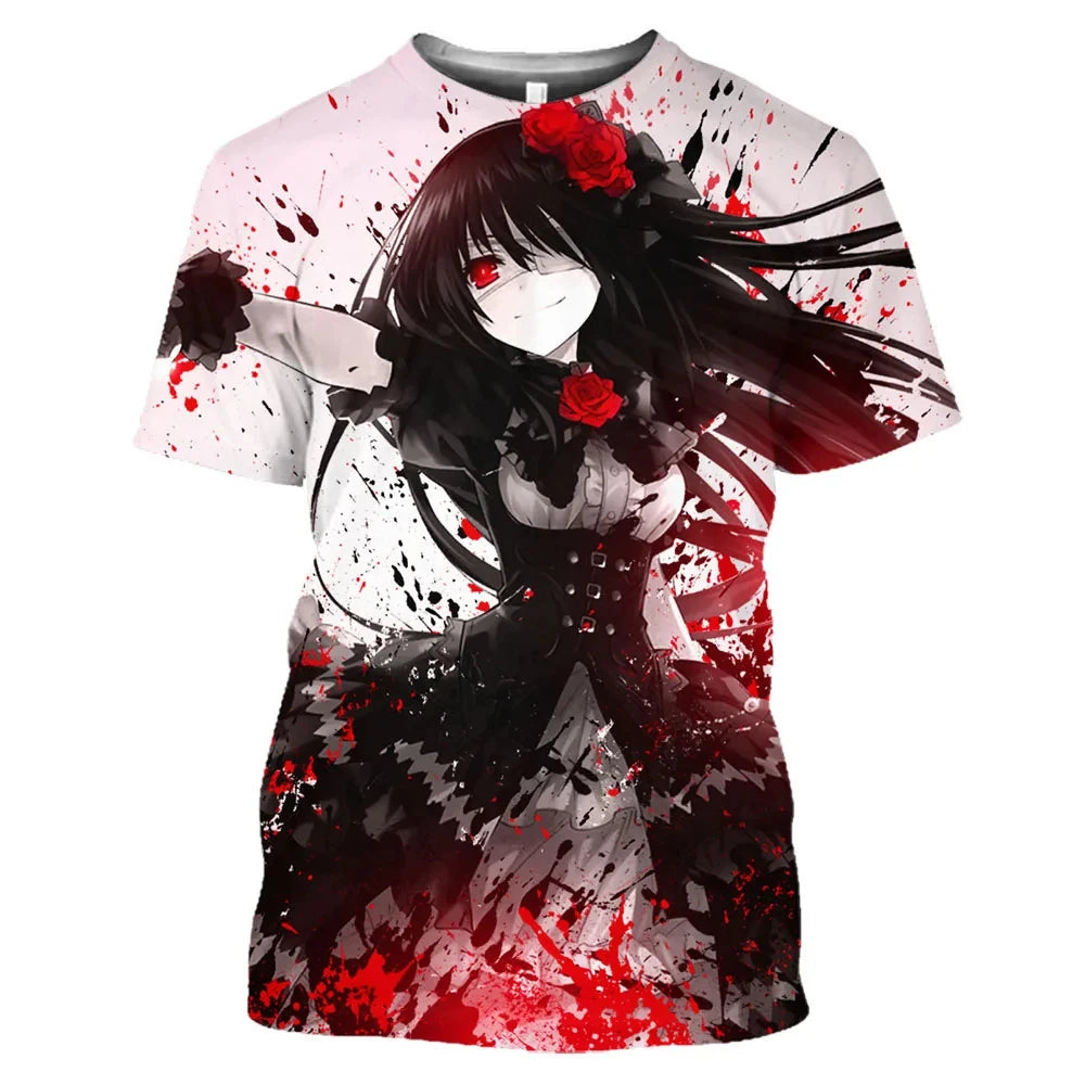 Anime Character Tokisaki Kurumi Print T-Shirt 3D Short Sleeve Summer Fashion Harajuku Style Cartoon Top for Men/Women Kids