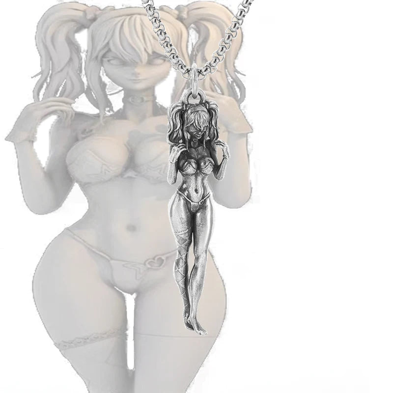 Collier avec pendentif en forme de fille Mecha en plaqué argent - Bijoux tendance hip-hop rock punk pour hommes et femmes | Idée cadeau