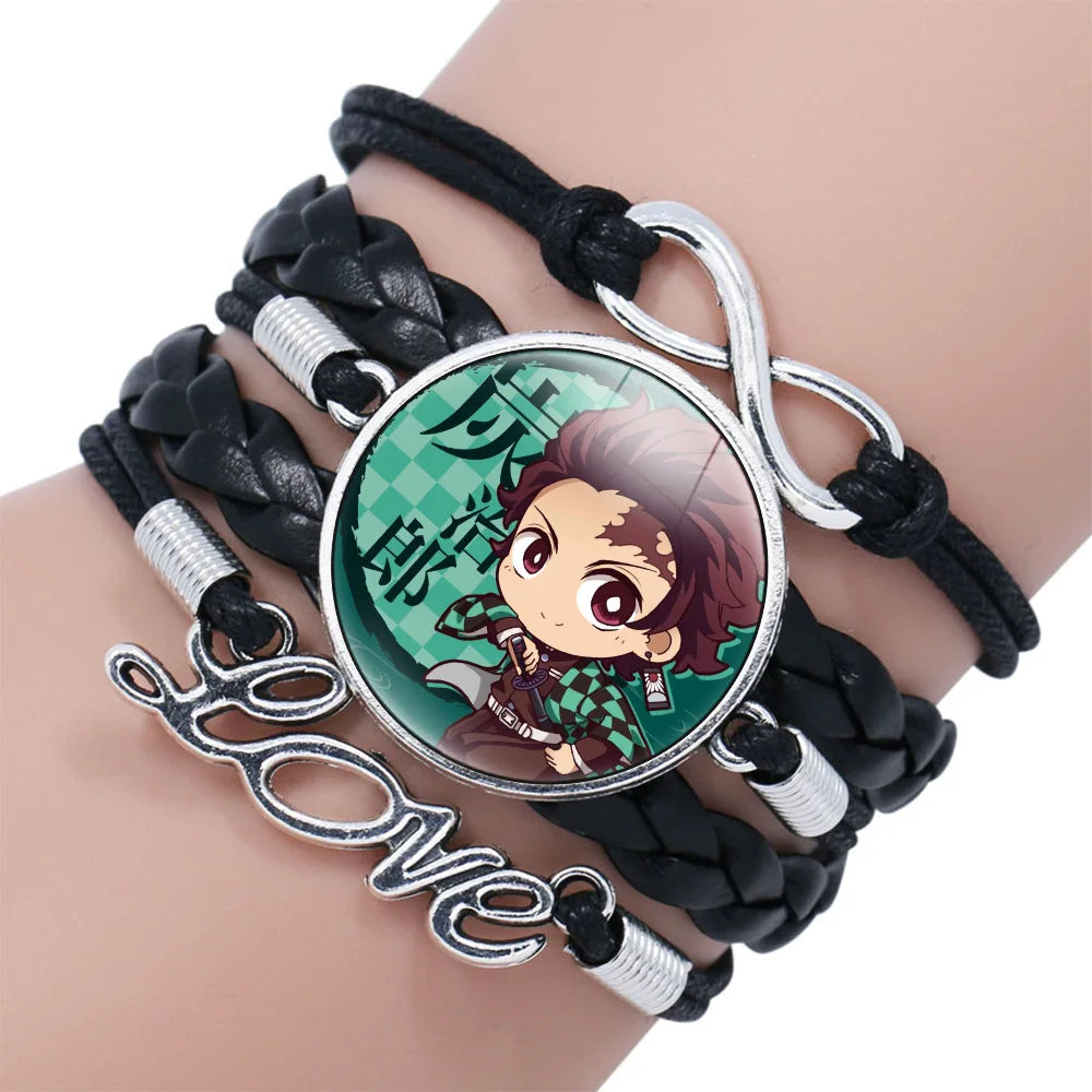 Geflochtenes Armband aus Dämonentöter – Kimetsu No Yaiba Tanjirou Cosplay, Glas-Leder-Armreif, Schmuckgeschenk
