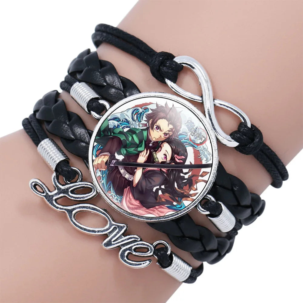 Geflochtenes Armband aus Dämonentöter – Kimetsu No Yaiba Tanjirou Cosplay, Glas-Leder-Armreif, Schmuckgeschenk
