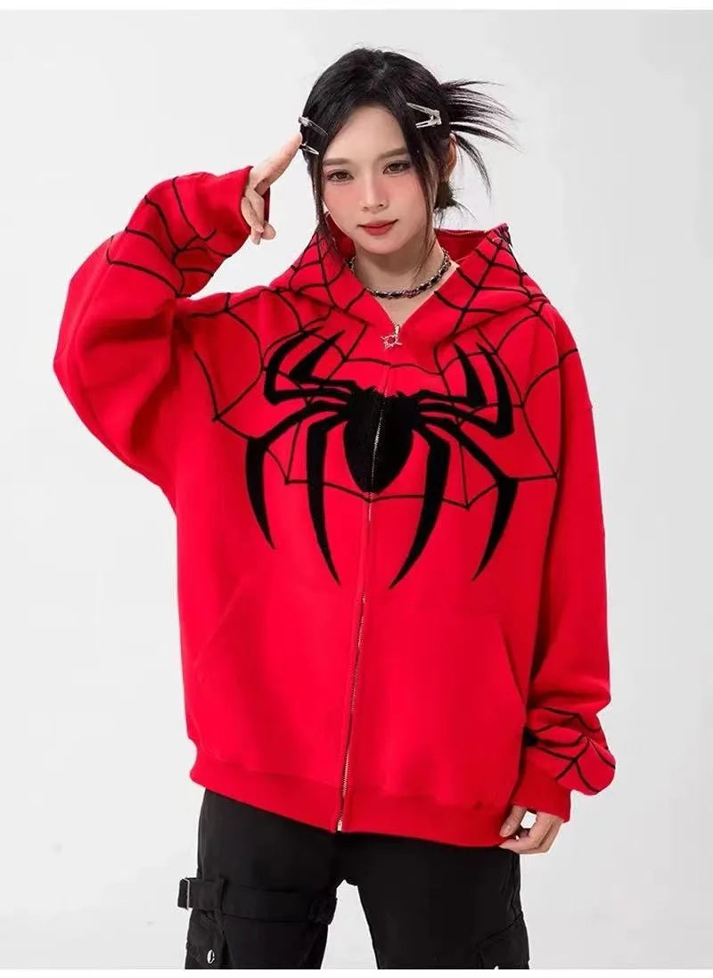 Gothic Y2K Spider Bestickter Reißverschluss-Kapuzenpullover – Übergroßes Harajuku Hip Hop Sweatshirt für Männer & Frauen