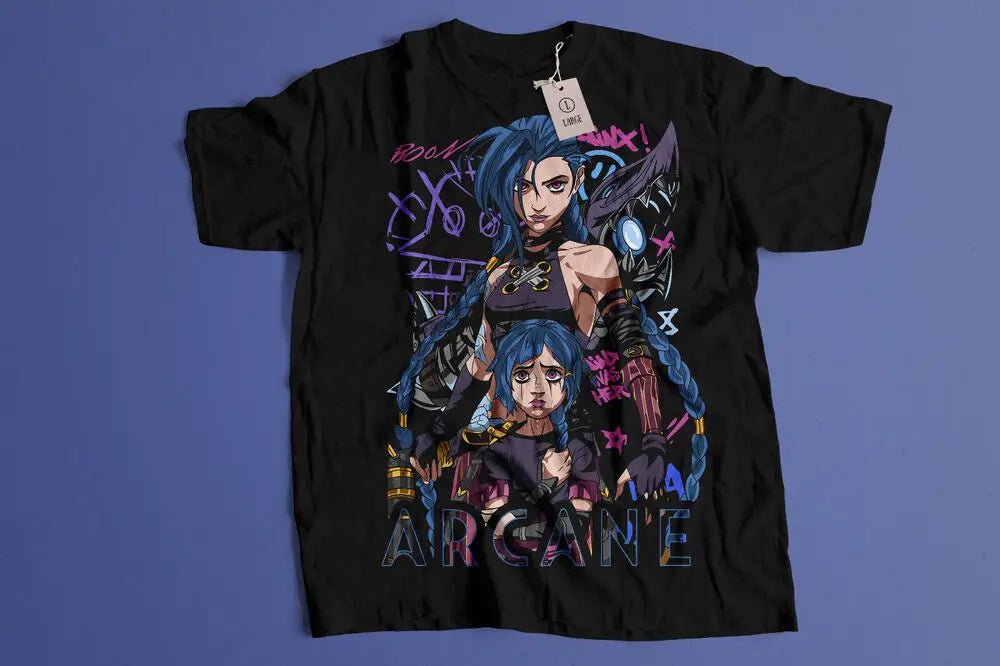 Jinx Arcane Black T-Shirt Japanese Anime Cartoon Design Short Sleeve for Men and Women Eye Catching