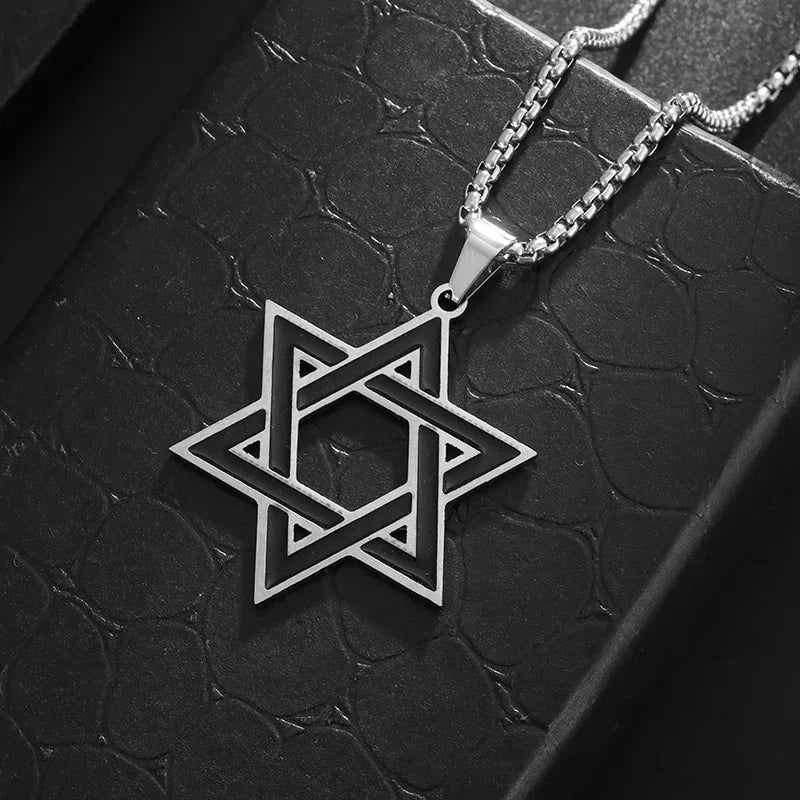 Retro Punk Solomon Seal Necklace – Hexagonal Stainless Steel Star of David Pendant for Men & Women