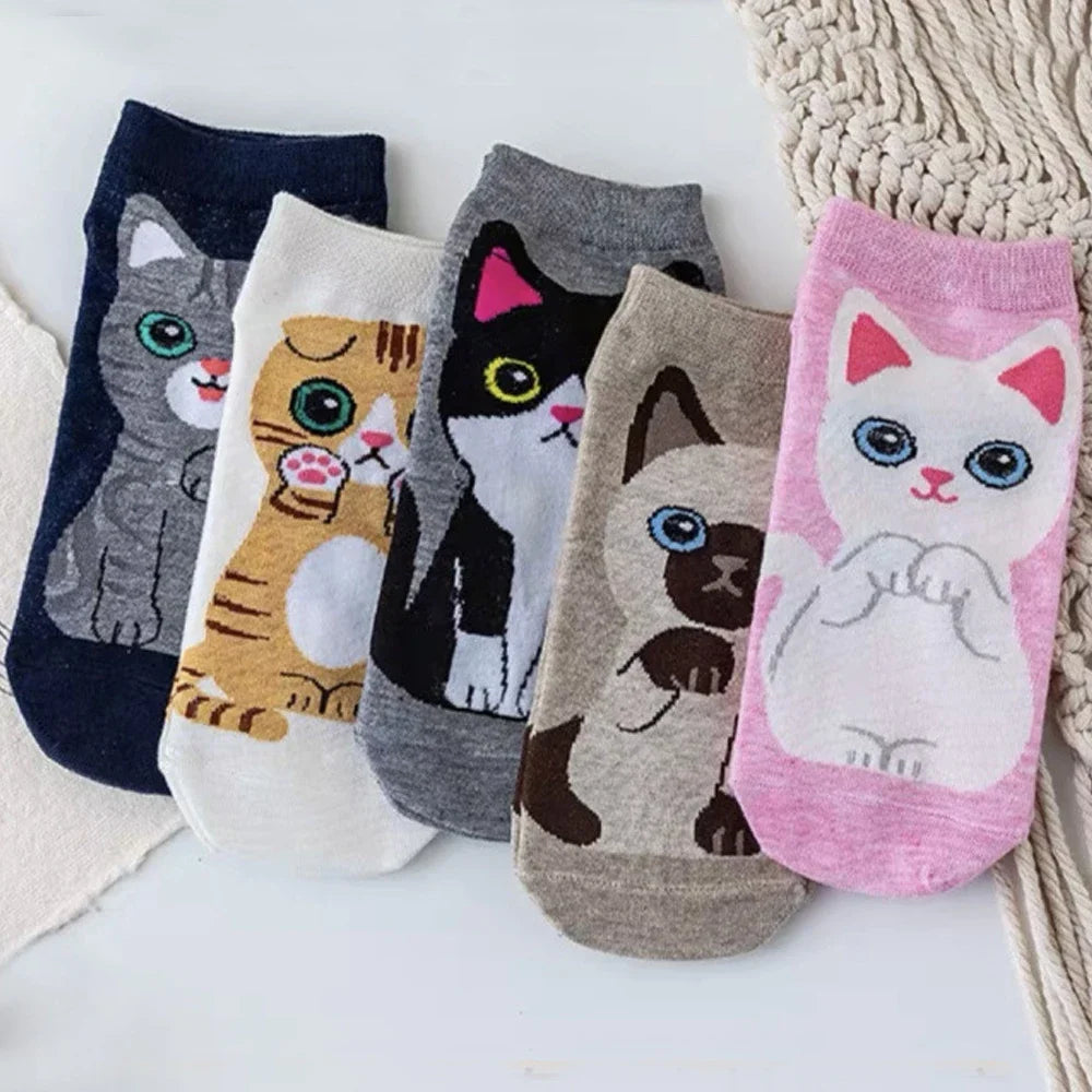 SHXI Damen-Söckchen mit Cartoon-Motiv, süße Katze, atmungsaktiv, bis zur Mitte der Wade, für die Freizeit und den kurzen Gebrauch