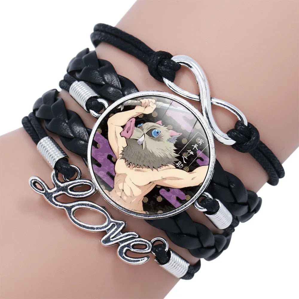 Geflochtenes Armband aus Dämonentöter – Kimetsu No Yaiba Tanjirou Cosplay, Glas-Leder-Armreif, Schmuckgeschenk