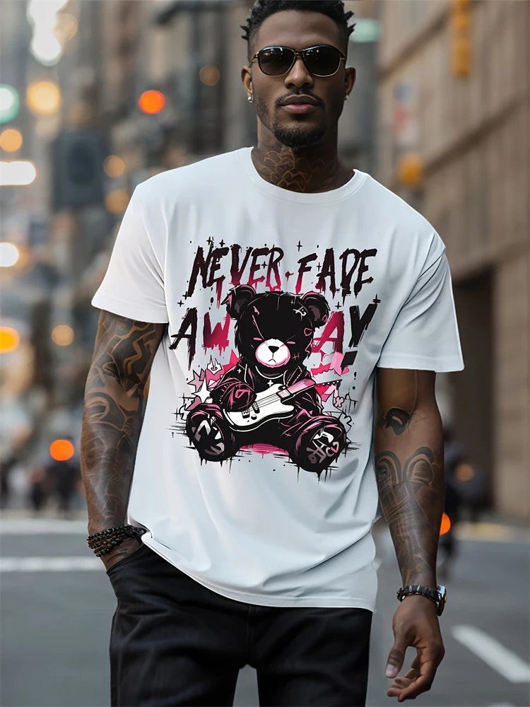 Hip-Hop Style Cartoon Bear Print T-Shirt Men’s Oversized Street Fashion Tee