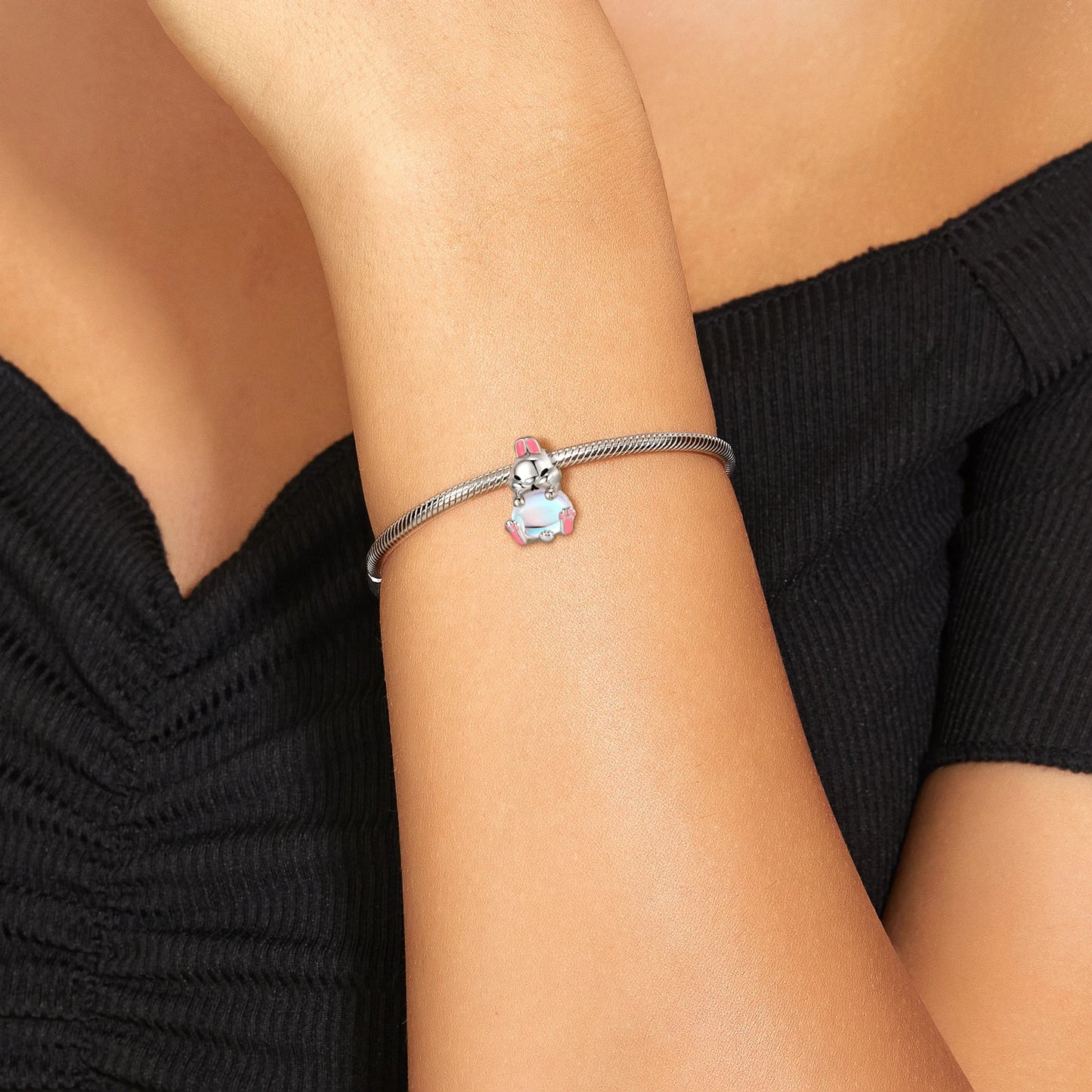 JIUHAO 925 Sterling Silber Mondstein-Anhänger - Rosa Kaninchen & Katzen-Design | DIY-Charms für Armbänder & Armreifen