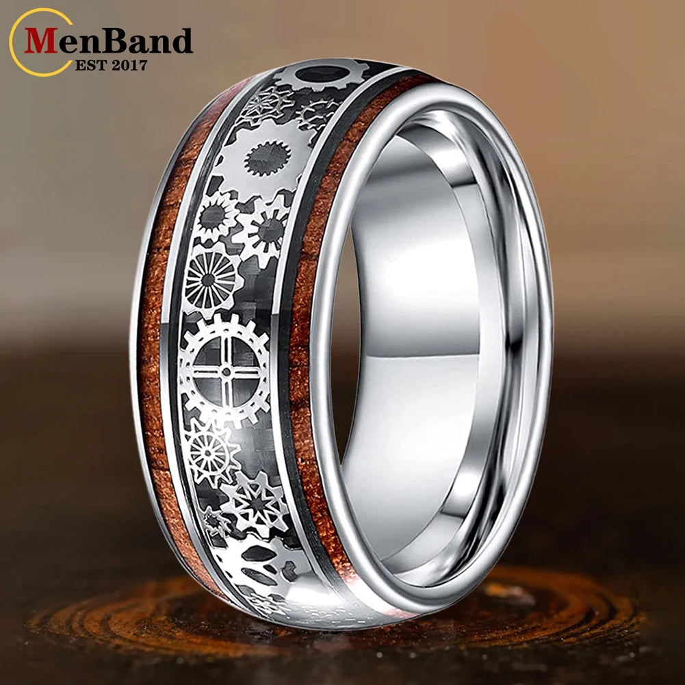 Bague dentée en tungstène de 10 mm – Alliance de mariage avec incrustations de bois bombées, coupe confortable pour hommes et femmes