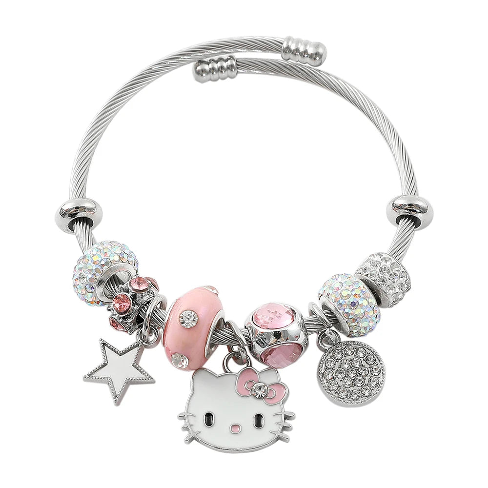 Anime Cartoon Hello Kitty Perlen Anhänger Armband Silber Farbe Kurz Stilvoller Schmuck für Mädchen Geschenk