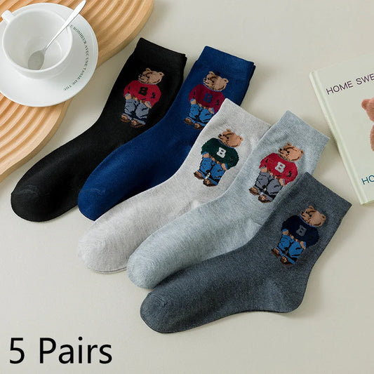 5 Paar Baumwollsocken mit Cartoon-Bären-Motiv – Bequemer Harajuku-Skateboard-Stil