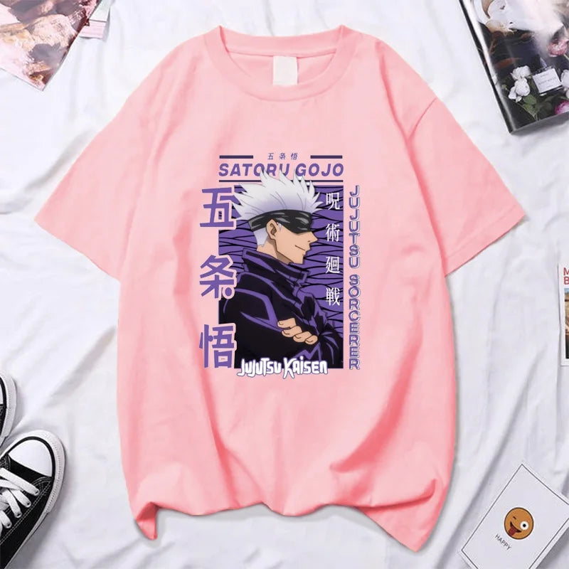T-shirt à col rond Y2K de haute qualité avec dessin animé Gojo Satoru