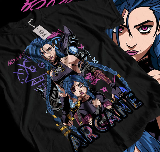 Jinx Arcane Black T-Shirt Japanese Anime Cartoon Design Short Sleeve for Men and Women Eye Catching