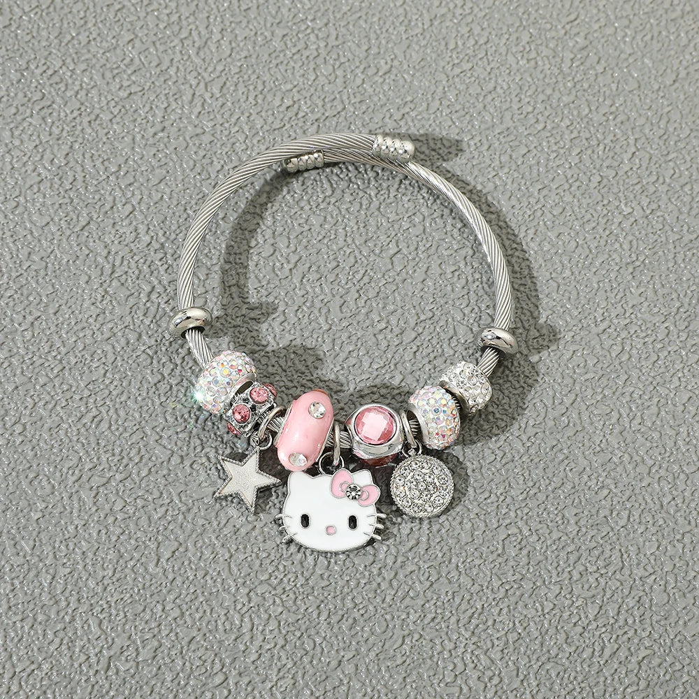 Anime Cartoon Hello Kitty Beaded Pendant Bracelet Silver Color Short Stylish Jewelry for Girls Gift