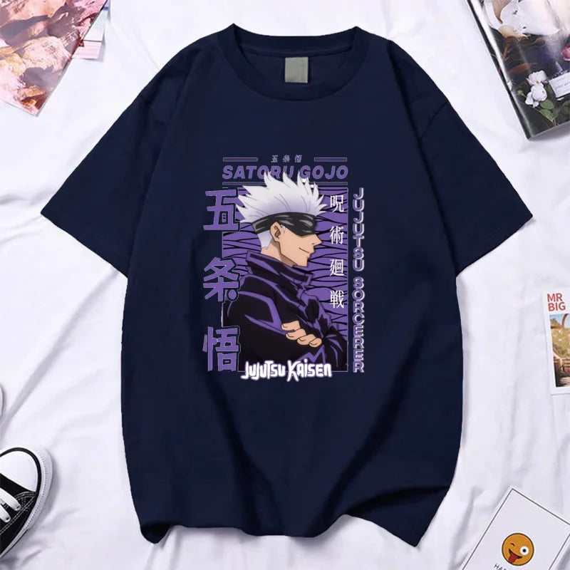 T-shirt à col rond Y2K de haute qualité avec dessin animé Gojo Satoru