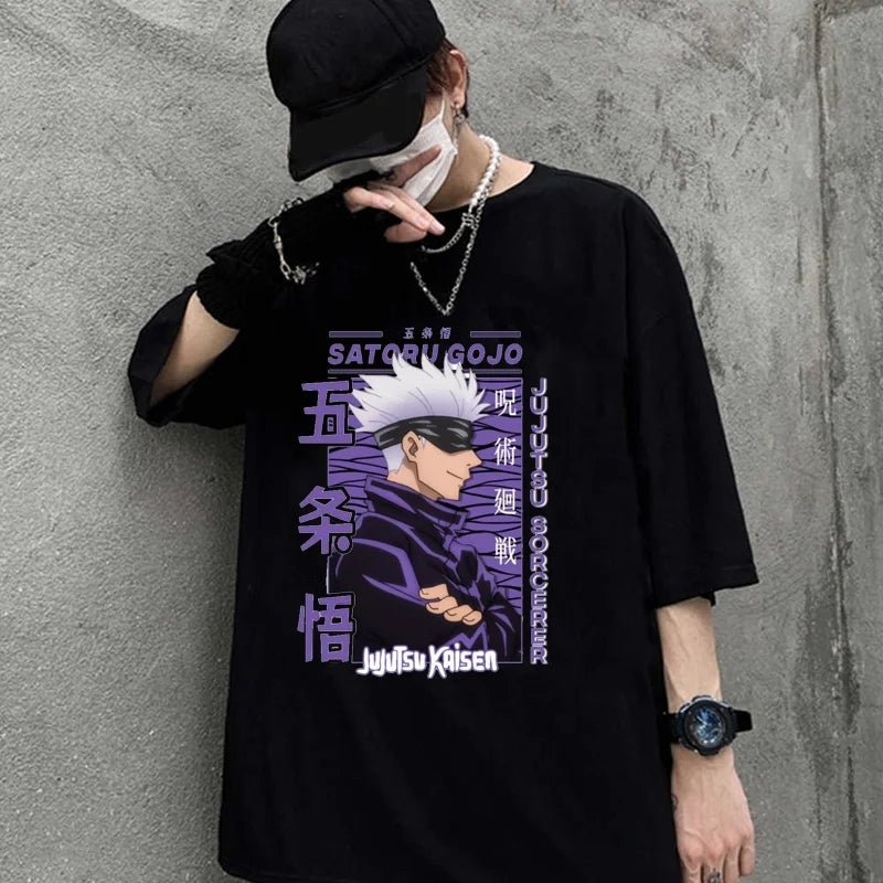 T-shirt à col rond Y2K de haute qualité avec dessin animé Gojo Satoru