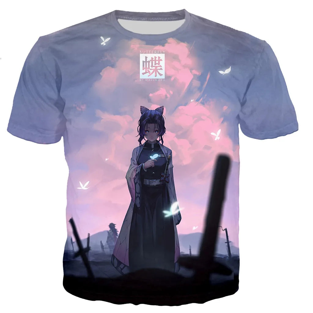 T-shirt imprimé en 3D Demon Slayer Kochou Shinobu unisexe style Harajuku