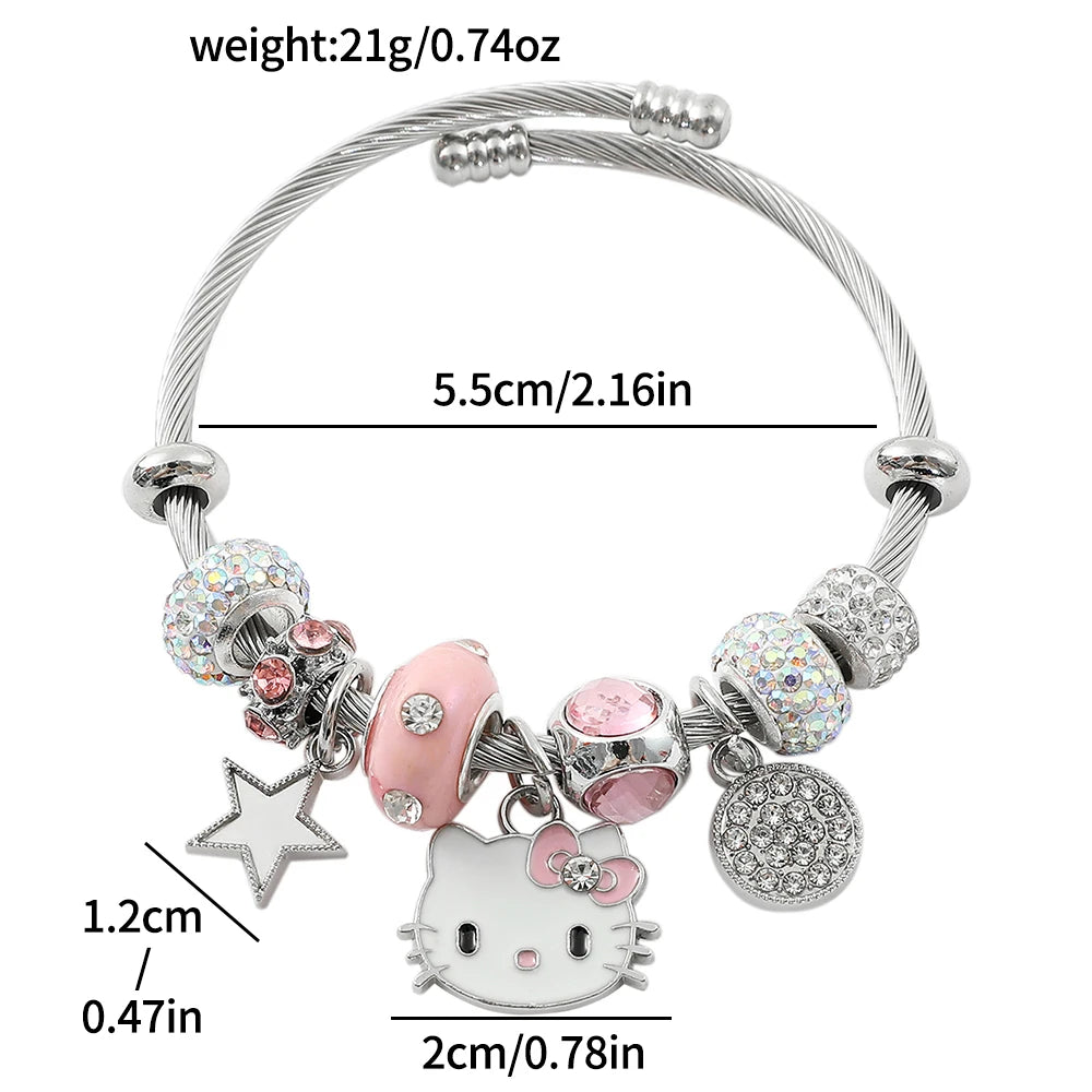 Anime Cartoon Hello Kitty Beaded Pendant Bracelet Silver Color Short Stylish Jewelry for Girls Gift