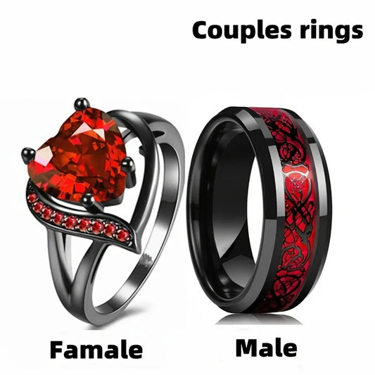 Bagues de couple en acier inoxydable avec dragon celtique et bague de mariage en forme de cœur en zircon rouge pour femme | Ensemble de bijoux pour la Saint-Valentin