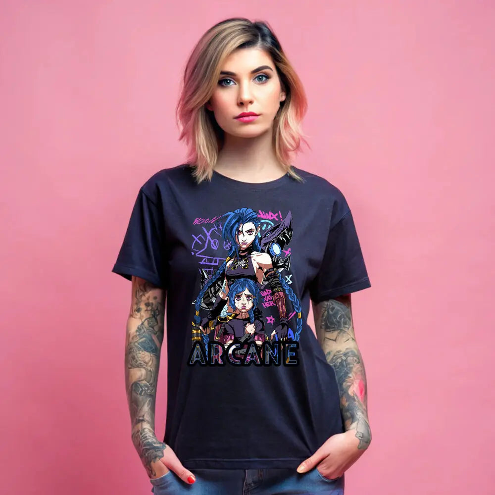 Jinx Arcane Black T-Shirt Japanese Anime Cartoon Design Short Sleeve for Men and Women Eye Catching
