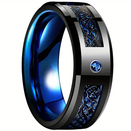 Bague en carbure de tungstène 8 mm – Fibre de carbone bleue avec zircon et motif dragon pour mariage, fiançailles et usage quotidien