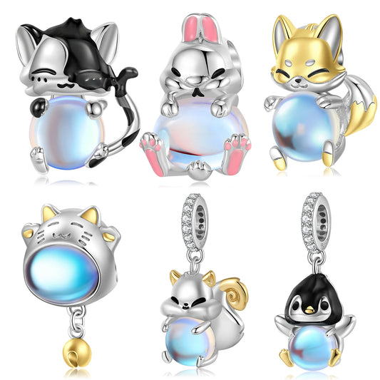 Pendentif en pierre de lune en argent sterling 925 JIUHAO - Motif lapin et chat roses | Breloques DIY pour bracelets et joncs