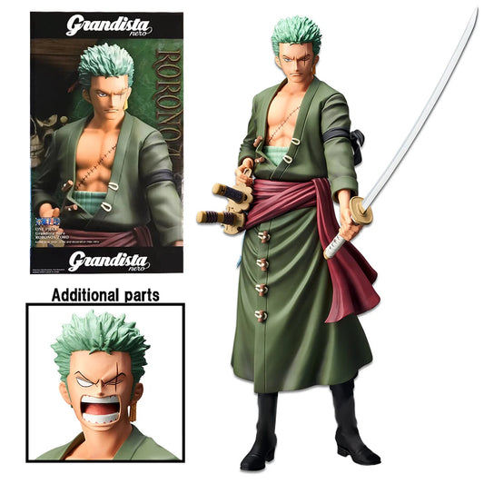 Figurine One Piece Grandista Roronoa Zoro – Modèle à tête interchangeable avec scène de confrontation à l'épée