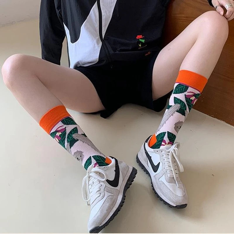 Modische bunte Pflanzen- und Igelsocken – Frühlings-Herbst-Baumwollsocken