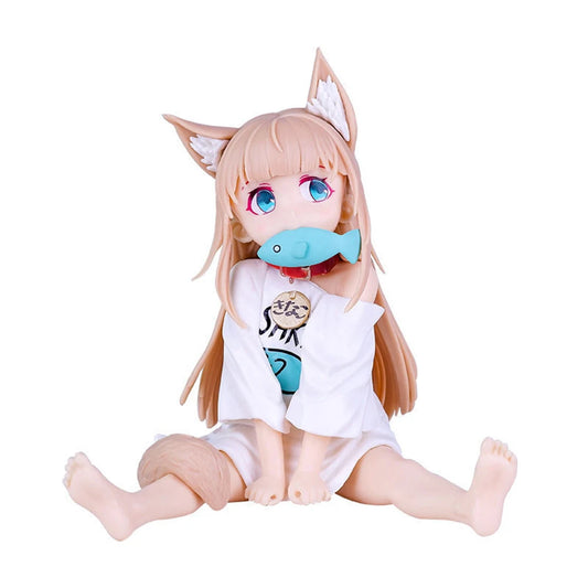 Figurine d'anime Cat Is A Kawaii Girl 8cm PVC Hobby Farine de soja S'asseoir et manger du poisson Petites décorations de voiture