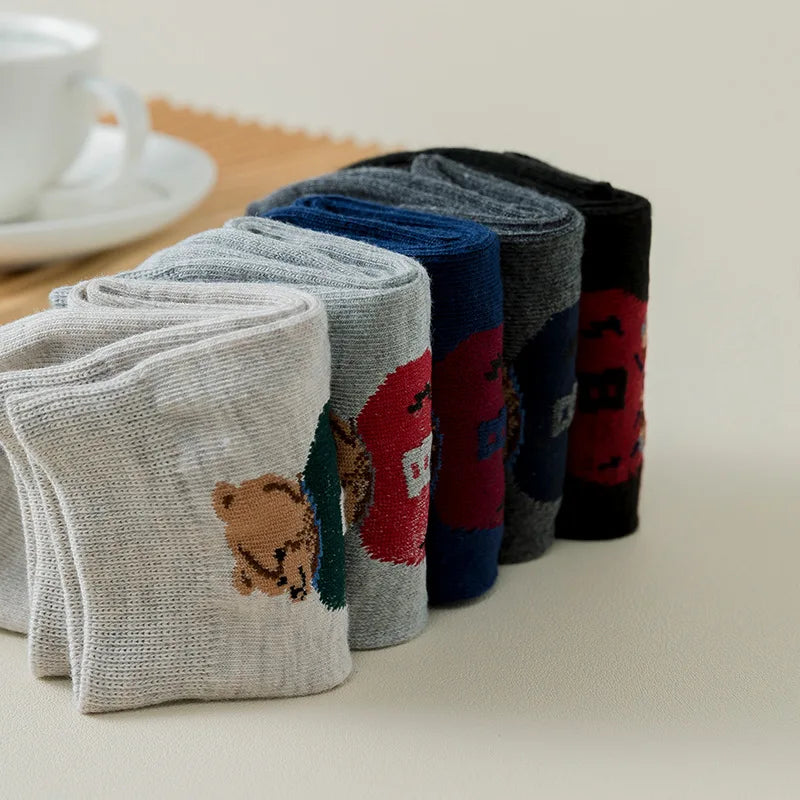 5 Paar Baumwollsocken mit Cartoon-Bären-Motiv – Bequemer Harajuku-Skateboard-Stil