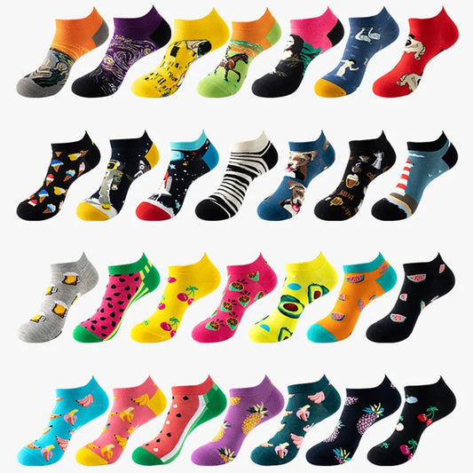 40-Style Bunte Baumwoll-Söckchen für Herren – Lustige Avocado, Tiere & Kunstdrucke